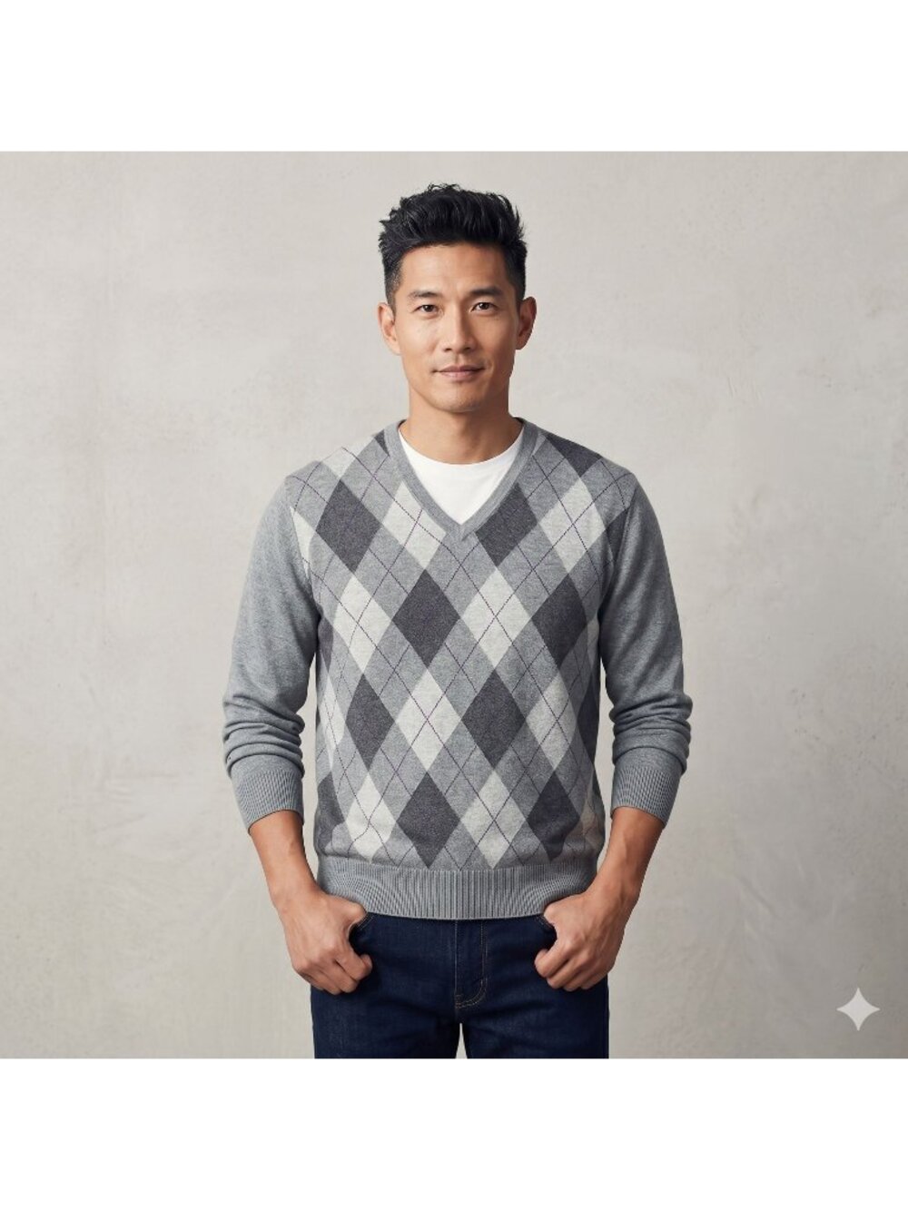 Lands End Mens Sweater XL Argyle V-Neck Gray Long Sleeve Cotton Blend Classic St